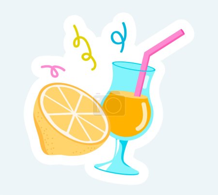 Illustration for Lemon cocktail and piece of fresh fruit. Summertime rest. Vector illustration in cartoon sticker design - Royalty Free Image