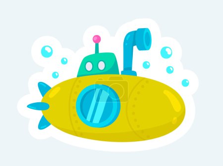 Téléchargez les illustrations : Cute yellow submarine with periscope. Underwater and sea transport. Vector illustration in cartoon sticker design - en licence libre de droit