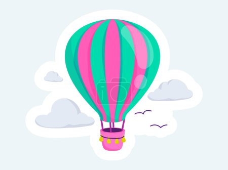 Illustration for Striped hot air balloon flying in sky. Air transport for entertainment. Vector illustration in cartoon sticker design - Royalty Free Image