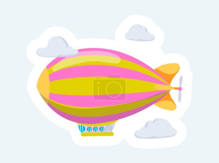 Téléchargez les illustrations : Striped cute airship flying in sky. Vintage air transport. Vector illustration in cartoon sticker design - en licence libre de droit