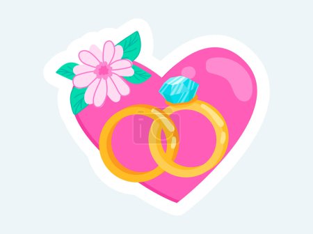 Illustration for Bride and groom rings with flowers and heart. Wedding celebration. Vector illustration in cartoon sticker design - Royalty Free Image
