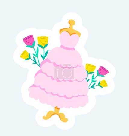 Illustration for Bride wedding dress on mannequins and rose flowers for celebration. Vector illustration in cartoon sticker design - Royalty Free Image