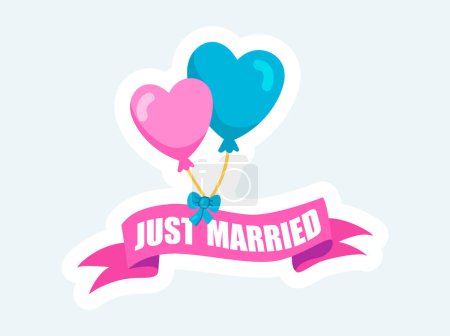 Téléchargez les illustrations : Just married text ribbon with and balloons. Wedding celebration. Vector illustration in cartoon sticker design - en licence libre de droit