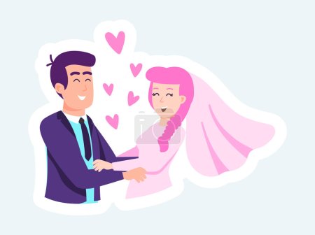 Illustration for Happy loving bride and groom hugging at wedding ceremony. Vector illustration in cartoon sticker design - Royalty Free Image