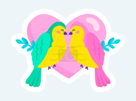 Ilustración de Loving couple of birds and pink heart. Wedding celebration. Vector illustration in cartoon sticker design - Imagen libre de derechos