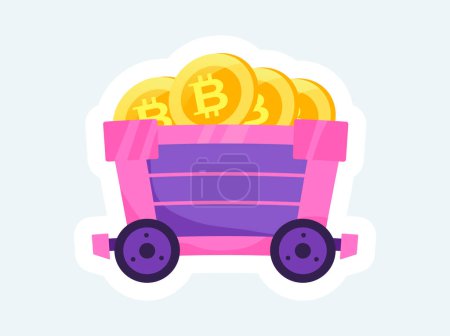 Téléchargez les illustrations : Mining trolley with golden bitcoins. Cryptocurrency and blockchain. Vector illustration in cartoon sticker design - en licence libre de droit