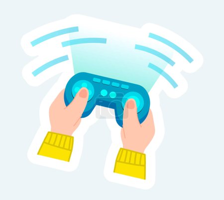 Téléchargez les illustrations : Human hands holding joystick for metaverse virtual reality game. Vector illustration in cartoon sticker design - en licence libre de droit