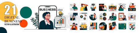 Téléchargez les illustrations : Digital business concept with character situations collection. Bundle of scenes people making data analysis, creating online company, developing, advertising. Vector illustrations in flat web design - en licence libre de droit