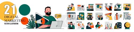 Illustration for Digital marketing concept with character situations collection. Bundle of scenes people making advertising campaign, branding and online promotion, e-commerce. Vector illustrations in flat web design - Royalty Free Image