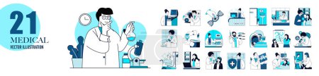 Illustration for Medical clinic and laboratory concept with character situations collection. Bundle of scenes people doing tests and research, doctor consultation and diagnosis. Vector illustrations in flat web design - Royalty Free Image