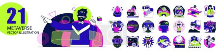 Illustration for Metaverse concept with character situations collection. Bundle of scenes people wearing VR headsets, playing and avatar networking in cyberspace simulation. Vector illustrations in flat web design - Royalty Free Image