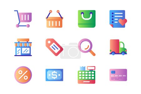 Illustration for Shopping icons set in color flat design. Pack of supermarket cart, basket, bag, wish list, store building, sale, discount coupon, credit card and other. Vector pictograms for web sites and mobile app - Royalty Free Image