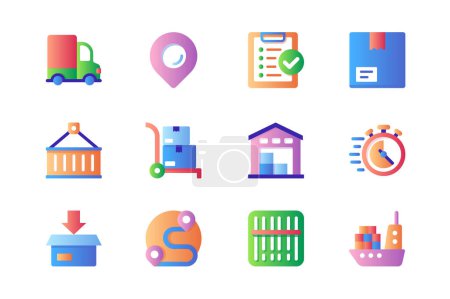 Ilustración de Delivery icons set in color flat design. Pack of truck, location pin, checklist, parcel box, container, warehouse storage, forklift, barcode and other. Vector pictograms for web sites and mobile app - Imagen libre de derechos