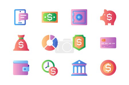Illustration for Banking icons set in color flat design. Pack of phone message, cash, money, safe, savings, piggy bank, data analysis, credit card, wallet and other. Vector pictograms for web sites and mobile app - Royalty Free Image