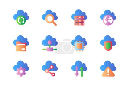 Ilustración de Computer cloud icons set in color flat design. Pack of sync, search, database equipment, internet, file, information, access, microchip, data and other. Vector pictograms for web sites and mobile app - Imagen libre de derechos