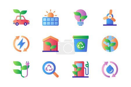 Téléchargez les illustrations : Ecology icons set in color flat design. Pack of electric car, green energy, solar panels, light bulb, windmill, smart home, recycling, earth and other. Vector pictograms for web sites and mobile app - en licence libre de droit