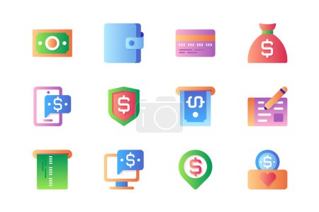 Illustration for Payment icons set in color flat design. Pack of money, wallet, credit card, bag, message, protection shield, atm cash, dollar, buy, purchase and other. Vector pictograms for web sites and mobile app - Royalty Free Image