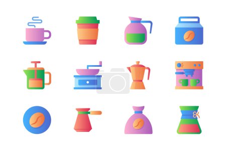 Ilustración de Coffee icons set in color flat design. Pack of hot drink mug, takeaway cup, bean bag, french press, grinder machine, cezve, morning beverage and other. Vector pictograms for web sites and mobile app - Imagen libre de derechos