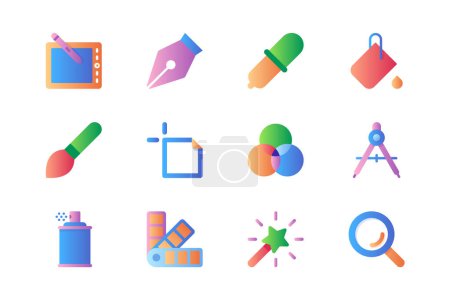Téléchargez les illustrations : Graphic design icons set in color flat design. Pack of painting tablet, paintbrush, brush, pipette, paint palette, spray, swatch, magic wand and other. Vector pictograms for web sites and mobile app - en licence libre de droit