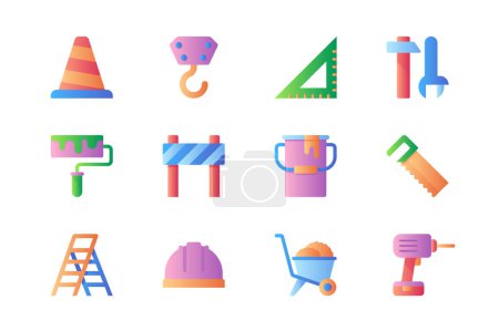 Illustration for Construction icons set in color flat design. Pack of traffic cone, building crane, ruler, tools, paint roller, barrier, saw, ladder, helmet and other. Vector pictograms for web sites and mobile app - Royalty Free Image