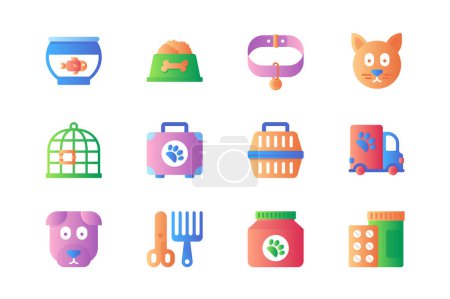 Téléchargez les illustrations : Veterinary icons set in color flat design. Pack of aquarium fish, dog, food bowl, collar, cat, cage, luggage, carrying, grooming tools, pills and other. Vector pictograms for web sites and mobile app - en licence libre de droit