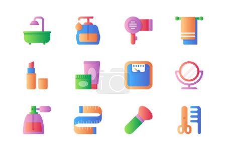 Téléchargez les illustrations : Beauty icons set in color flat design. Pack of bath, lotion, cosmetics, hair dryer, towel, lipstick, cream, floor scales, mirror, perfume and other. Vector pictograms for web sites and mobile app - en licence libre de droit