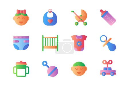 Illustration for Baby items icons set in color flat design. Pack of girl, boy, bib, stroller, bottle, milk, diaper, crib, bodysuit, pacifier, toys, rattle and other. Vector pictograms for web sites and mobile app - Royalty Free Image