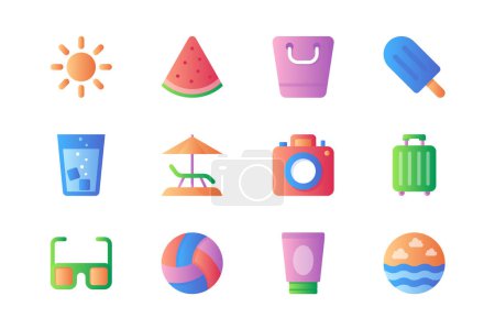 Illustration for Summer icons set in color flat design. Pack of sun, watermelon, ice cream, cold drink, lounger beach, umbrella, camera, luggage, sunglasses and other. Vector pictograms for web sites and mobile app - Royalty Free Image