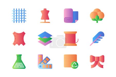 Illustration for Fabric icons set in color flat design. Pack of textile, mannequin, cotton plant, pattern, thread, feather, flask, palette samples, material and other. Vector pictograms for web sites and mobile app - Royalty Free Image
