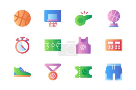 Téléchargez les illustrations : Basketball icons set in color flat design. Pack of ball, basket, whistle, cup, stopwatch, field, sportswear, scoreboard, sneakers, win medal and other. Vector pictograms for web sites and mobile app - en licence libre de droit