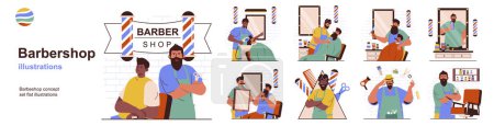 Téléchargez les illustrations : Barbershop concept with character situations collection. Bundle of scenes people get hair, mustache and beard care, make stylish haircuts and hairdressing. Vector illustrations in flat web design - en licence libre de droit