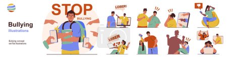 Illustration for Bullying concept with character situations collection. Bundle of scenes people exposed to abuse and violence, toxic communication at school, work and Internet. Vector illustrations in flat web design - Royalty Free Image