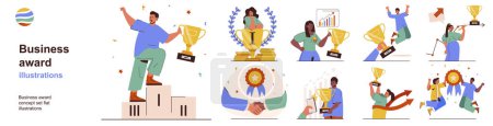 Ilustración de Business award concept with character situations collection. Bundle of scenes people celebrate achieving goals and getting golden cup and win first place. Vector illustrations in flat web design - Imagen libre de derechos