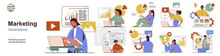 Illustration for Marketing concept with character situations collection. Bundle of scenes people analyzing data of business, planning promotion strategy and organizate work. Vector illustrations in flat web design - Royalty Free Image
