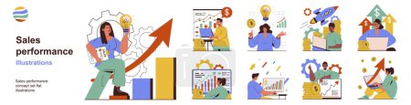 Illustration for Sales performance concept with character situations collection. Bundle of scenes people analyze graphs data, increase business profits and commercial success. Vector illustrations in flat web design - Royalty Free Image