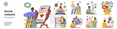 Ilustración de Social network concept with character situations collection. Bundle of scenes people use mobile applications for communicate online in chats and messengers. Vector illustrations in flat web design - Imagen libre de derechos