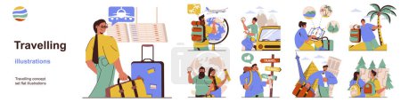 Téléchargez les illustrations : Travelling concept with character situations collection. Bundle of scenes people with luggage and tourist backpacks go on beach vacation, travel and hiking. Vector illustrations in flat web design - en licence libre de droit
