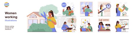 Téléchargez les illustrations : Women working concept with character situations collection. Bundle of scenes people work gardener, data analyst, cleaner, dentist, builder, designer and other. Vector illustrations in flat web design - en licence libre de droit