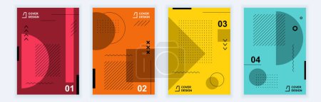 Téléchargez les illustrations : Abstract brochure covers set in modern minimal geometric design. Memphis style background templates with different geometry graphic shapes, lines and dots in A4 format for poster. Vector illustration - en licence libre de droit