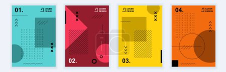 Ilustración de Abstract brochure covers set in modern minimal geometric design. Memphis style background templates with different shapes, grids and diagonal stripes in A4 format for presentation. Vector illustration - Imagen libre de derechos