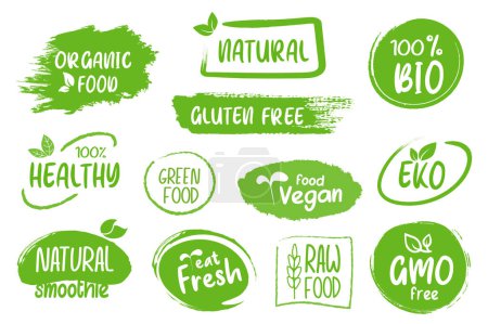Illustration for Organic food labels set graphic elements in flat design. Bundle of logos, stamps and badges for natural products, gluten and gmo free, vegan, healthy, fresh signs.Vector illustration isolated objects - Royalty Free Image