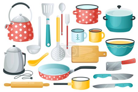 Téléchargez les illustrations : Kitchenware set graphic elements in flat design. Bundle of kettle, ladle, spoon, fork, frying pan, mug, board, bowl, knife, rolling pin, spatula and other utensil. Vector illustration isolated objects - en licence libre de droit