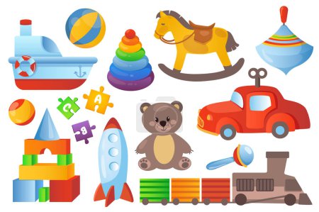 Téléchargez les illustrations : Kid toys set graphic elements in flat design. Bundle of ship, ball, children pyramid, horse, spinning top, clockwork machine, puzzle, teddy bear, rattle and other. Vector illustration isolated objects - en licence libre de droit