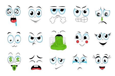 Ilustración de Faces expressing different emotions set graphic elements in flat design. Bundle of smiling, drooling, angry, aggressive, sick, sad, vomiting and other comic faces. Vector illustration isolated objects - Imagen libre de derechos