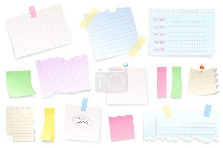 Ilustración de Reminder notepad sheets set graphic elements in flat design. Bundle of blank torn pieces of paper with tape or thumbtack, meeting reminder or to do list with pin. Vector illustration isolated objects - Imagen libre de derechos