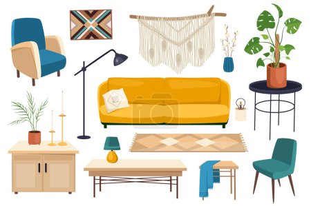 Illustration for Living room interior set graphic elements in flat design. Bundle of sofa, armchair, macrame decor, houseplant, coffee table, candles, chair, floor lamp and other. Vector illustration isolated objects - Royalty Free Image