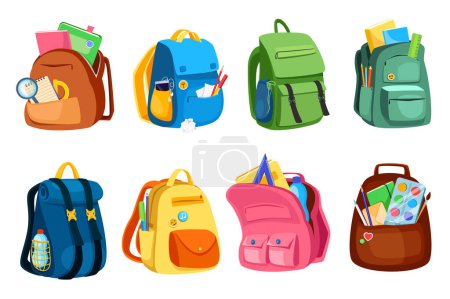 School bags set graphic elements in flat design. Bundle of different schoolbags, backpacks and rucksacks with books, notepads and stationery for pupil or student. Vector illustration isolated objects