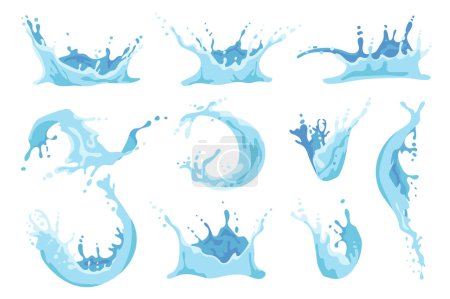 Water splash set graphic elements in flat design. Bundle of different curl waves of liquid flow, pure splashing swirl aqua motion, crown with spray droplets. Vector illustration isolated objects