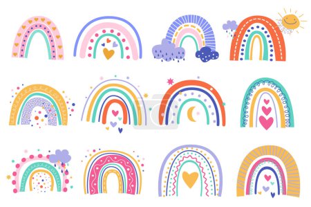 Illustration for Cute abstract rainbows set graphic elements in flat design. Bundle of different rainbows with hearts, clouds, sun and other decor in boho or scandinavian style. Vector illustration isolated objects - Royalty Free Image