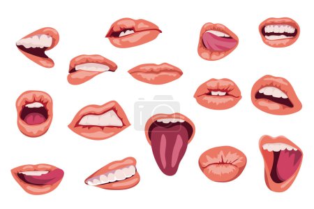Illustration for Female mouths expressing emotions set graphic elements in flat design. Bundle of facial gestures of open and closed mouth, bit lip, shows tongue, kisses and other. Vector illustration isolated objects - Royalty Free Image